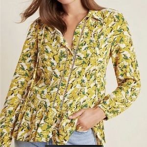 Anthropologie Maeve Janie Yellow Rabbit Printed Flounced Peasant Top